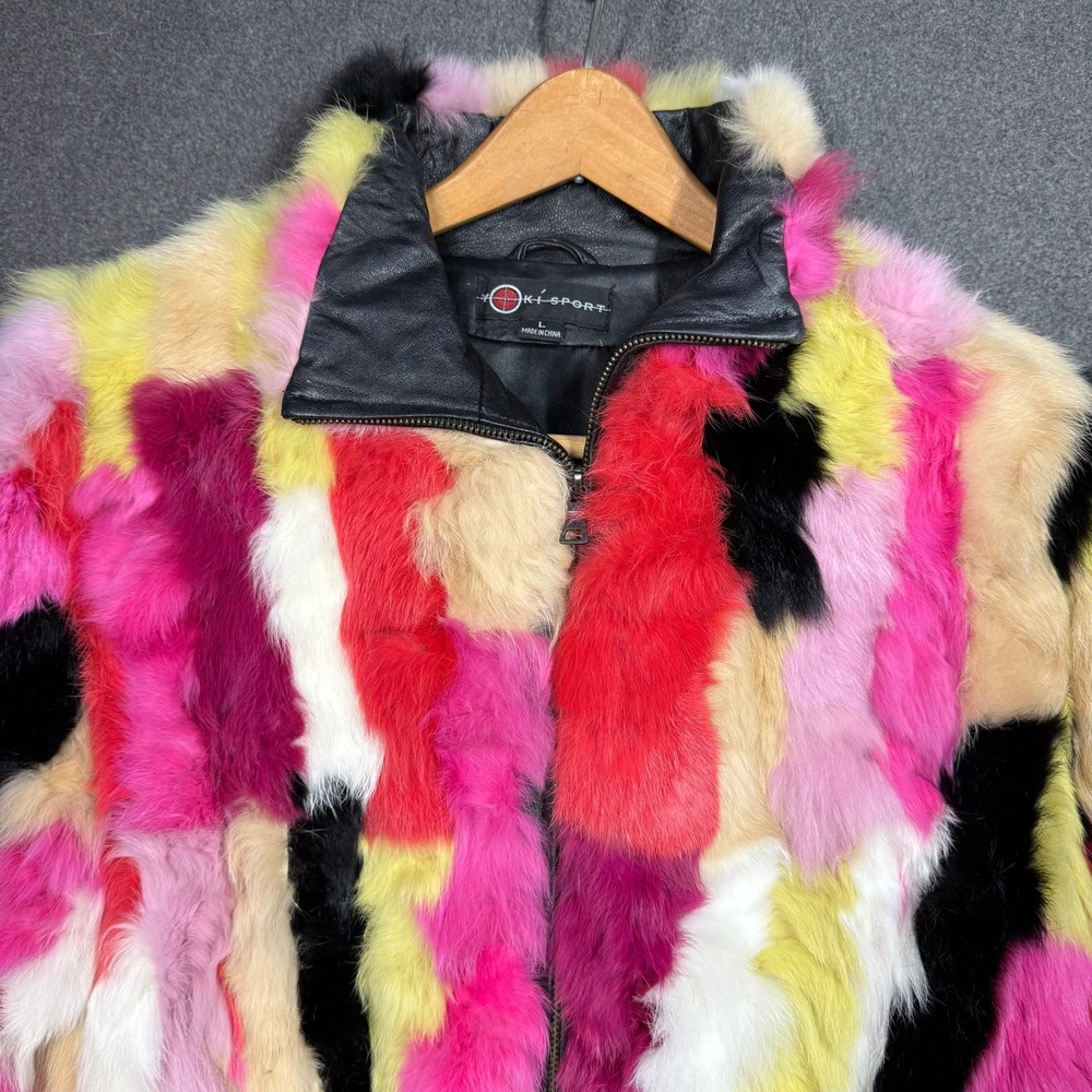Yoki Sport Genuine Rabbit Fur Patchwork Bomber Jacket Multi Color Womens Large
